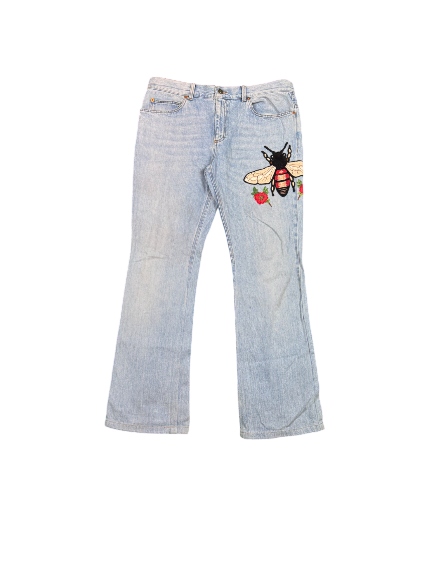 GUCCI Bee Embroidered Flare Jeans – Washed Blue